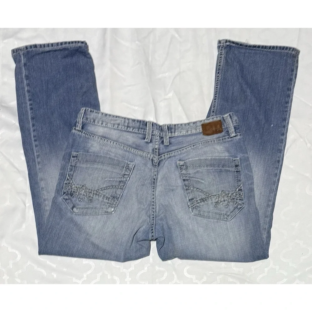 BKE‎ Tyson Jeans Blue Dark Wash Distressed Faded Bootcut 36R 36x28